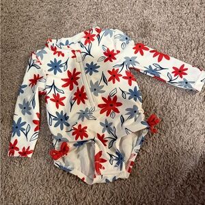 Long-Sleeve Floral Rash Guard Swimsuit -White w/ Red & Blue Flowers- never used